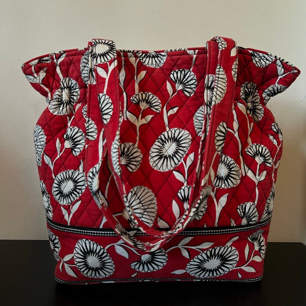 Vera Bradley Red Floral Print Cinch Top Long Strap Shoulder Medium Tote Bag
